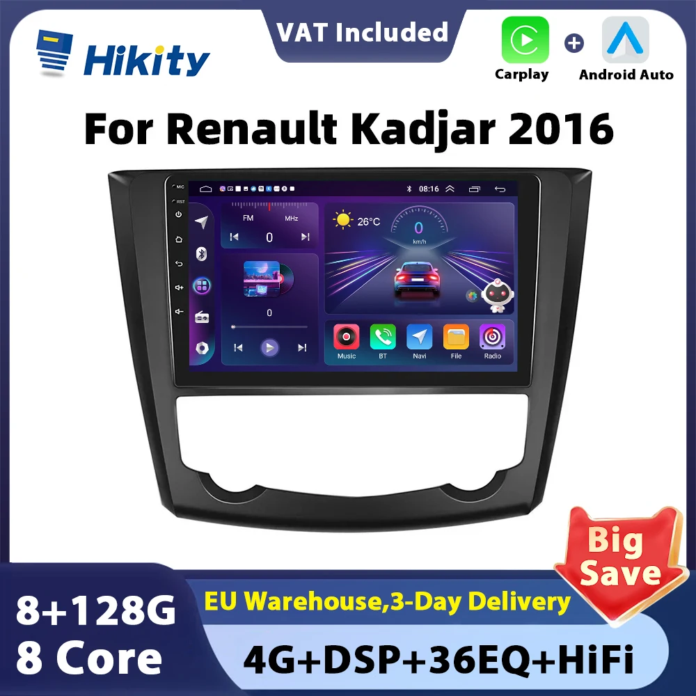 Hikity 2 din Android Car Radio For Renault Kadjar 2016 Auto Stereo Radio Carplay Auto Android Navigation GPS Autoradio WiFi