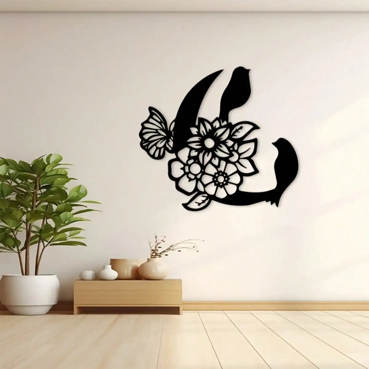 Decoración de pared de metal con diseño de pájaros y flores Art Deco, silueta plana 2D cortada con láser, mural de pared de hierro, para sala de estar, dormitorio, jardín, valla