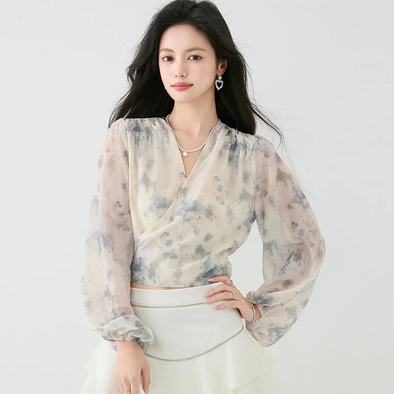 

Women Fashion Simplicity Printed Long Sleeve Chiffon Shirt Casual Back Drawstring Short Blouses Lightweight Sun Protection Tops