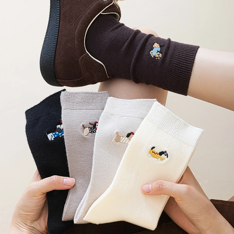 5 Pairs Women Imitation Cashmere Mid Calf Socks Cute Dog Embroidery Warm Autumn Winter Soft Casual Daily Socks