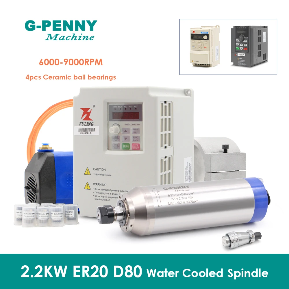 

G-PENNY 2.2KW ER20 D80 Water cooled spindle motor 4000-9000rpm, 2.2KW BD600/BD612/H110 Inverter kit