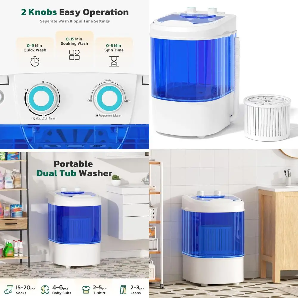 

Compact 6.6 lbs Single Tub Laundry Washer with Spin Basket, Semi-Automatic, Ideal for Dorms, RVs, and Home Use (Blue)