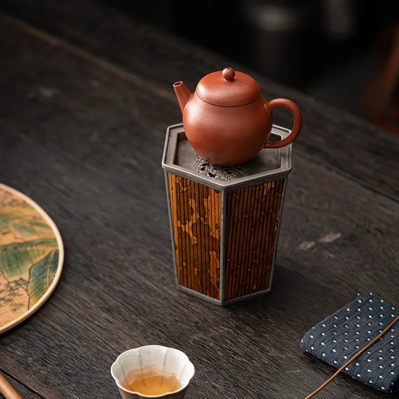 Retro Xiangfei Bamboo Tea Slop Basin with Tin Rim, Zen Style Tea Waste Vessel, Gongfu Tea Ceremony Accessory for Home Use
