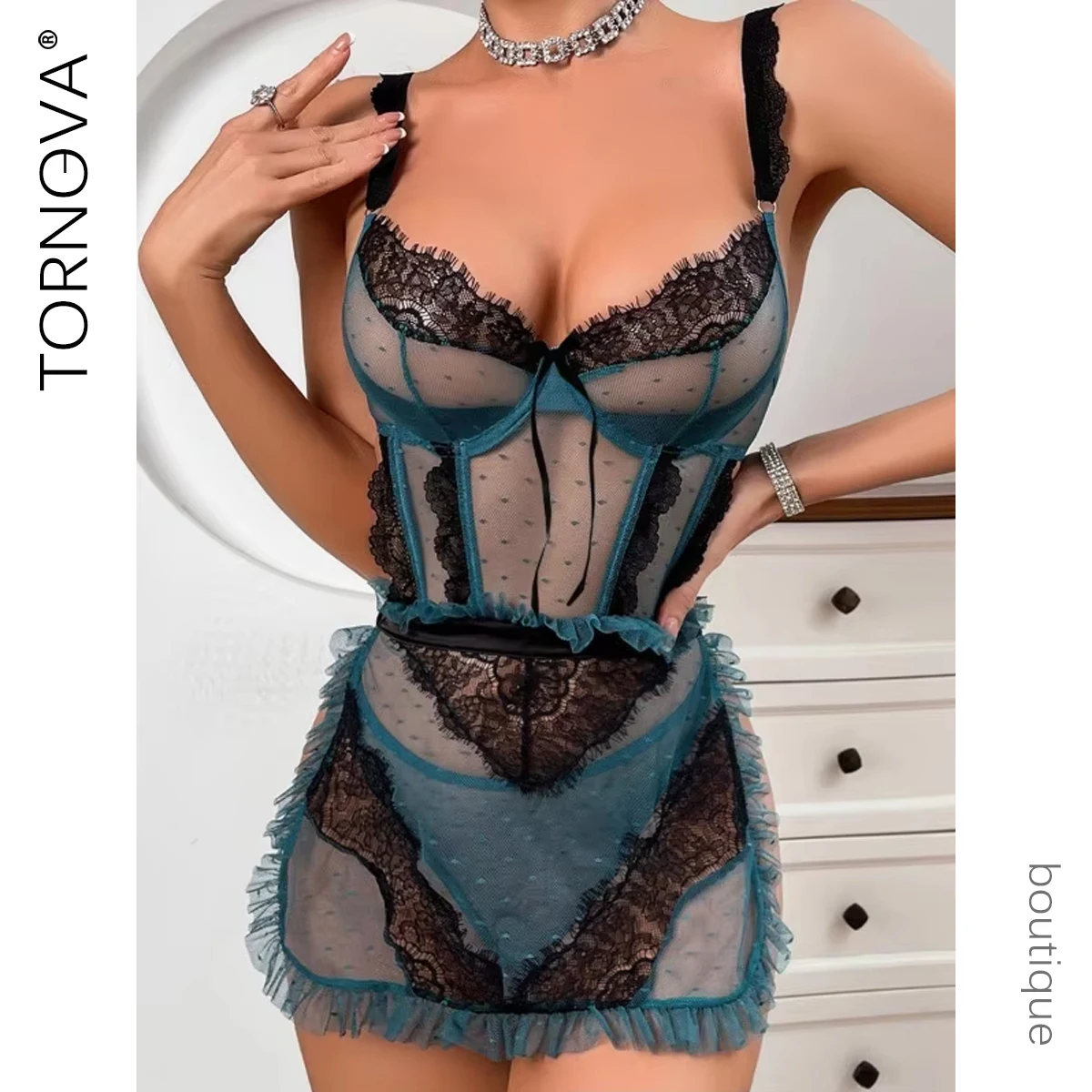 

Tornova Sexy Mesh Jumpsuit Mesh See-through Contrast Color Lace Patchwork Bow Knot Lace Up Sexy Lingerie Set Sexy Adult Female