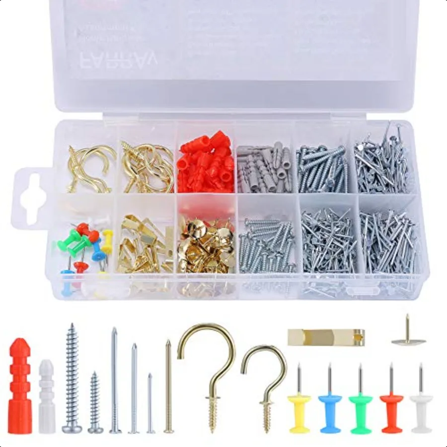 

FARRAY Repair and Wall Hanging Kit: Screws Nails Drywall Anchors Picture Hangers Cup Hooks Push Pins Thumb Tacks 600pcs