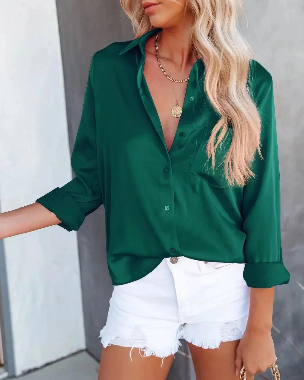 

2026Spring Autumn Women Blouses Office Lady Turn-down Collar Solid Patchwork Pockets Long Sleeve Single Breasted White Loose