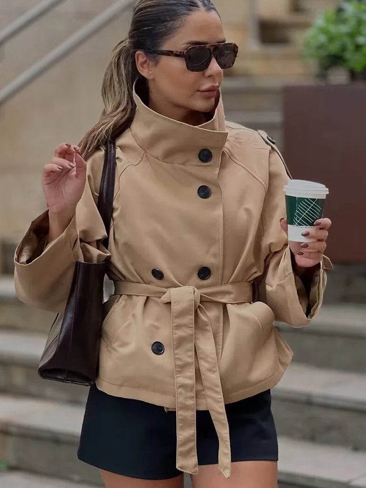 المرأة شيك الوقوف طوق مربوط اقتصاص معطف واقٍ من المطر أنيقة السيدات مزدوجة الصدر 2025 الخريف جديد ملابس خارجية غير رسمية التنقل #3