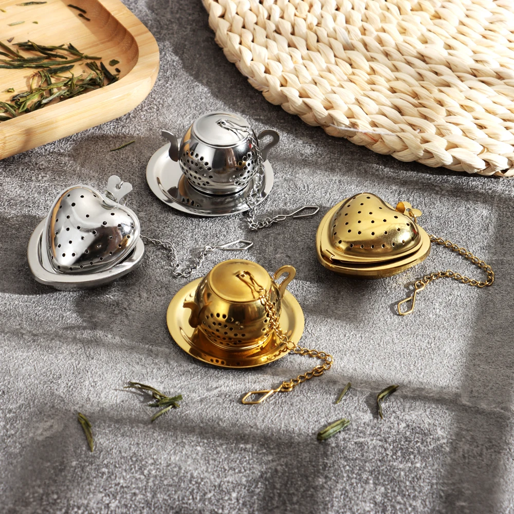 1Pc Teapot/Heart Shaped Tea Strainer with Chain Stainless Steel Tea Infuser Loose Tea Spice Filter Diffuser Teaware Gold Silver