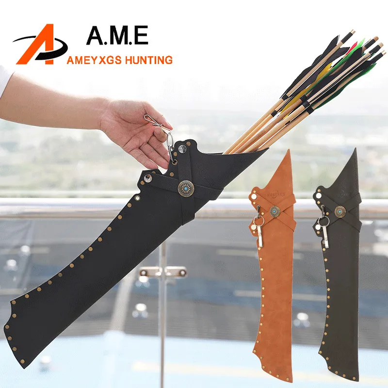 

AME Archery Leather Arrow Quiver Brown Black For LH/RH Hold 20-30Pcs Arrows Buckle Adjust Quiver Inclination Arrow Case Hunting