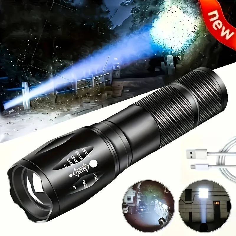 High Power LED Tactical Flashlight 5-Mode Light Zoom Waterproof Portable Torch for Camping Hiking Outdoor Hunting Aluminum Alloy