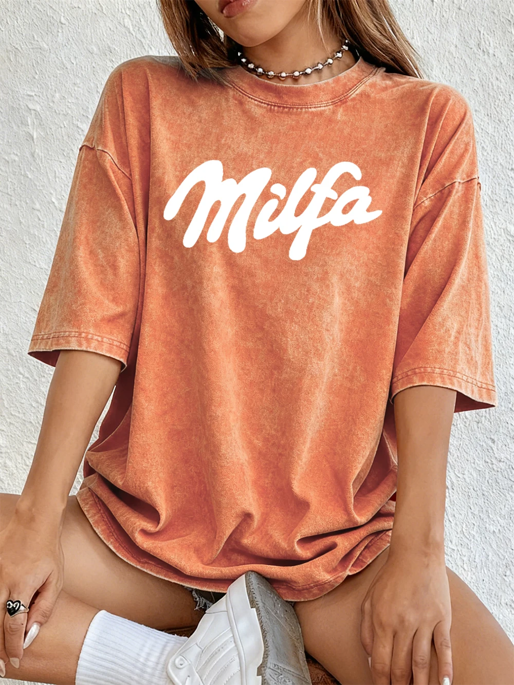 Milfa Lila Kunst Brief Druck Gewaschene T-Shirts Damen Baumwolle Kurzarm Tops Straße Oansatz Oversize T Shirt Sommer Kleidung
