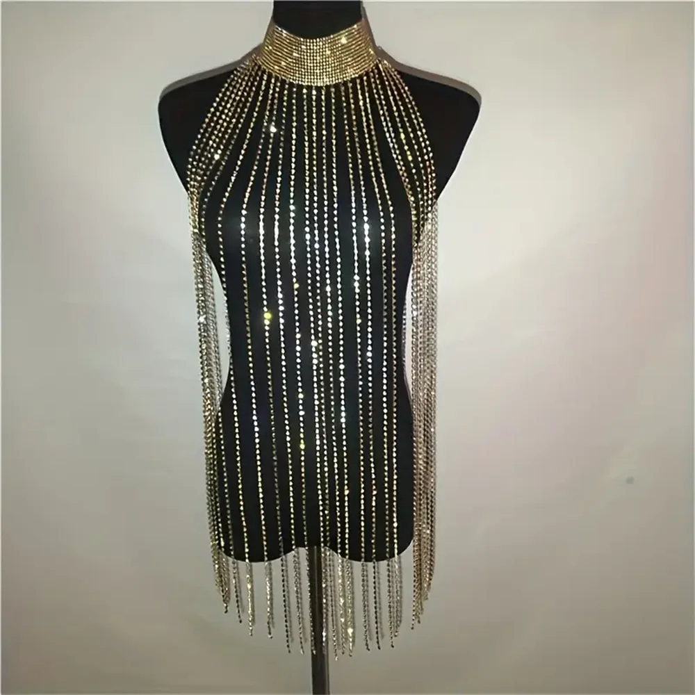 Sexy Shiny Long Tassel Rhinestone Body Chain Jewelry Fashion Romantic Banquet Party Crystal Body Chest Chain Jewelry Accessories