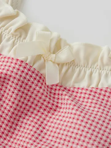 Women s Plaid Print Ruffle Sleeve Bikini Set with Padded Bra and Thong Bottoms for Beach or Pool Party Wear