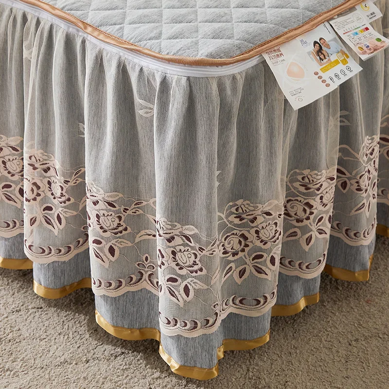 Luxury Gray Lace Bed Skirt Bedspread Thick Removable Bed Skirt Style Bed Sheets Embroidery Cotton European-style Bed Spreads