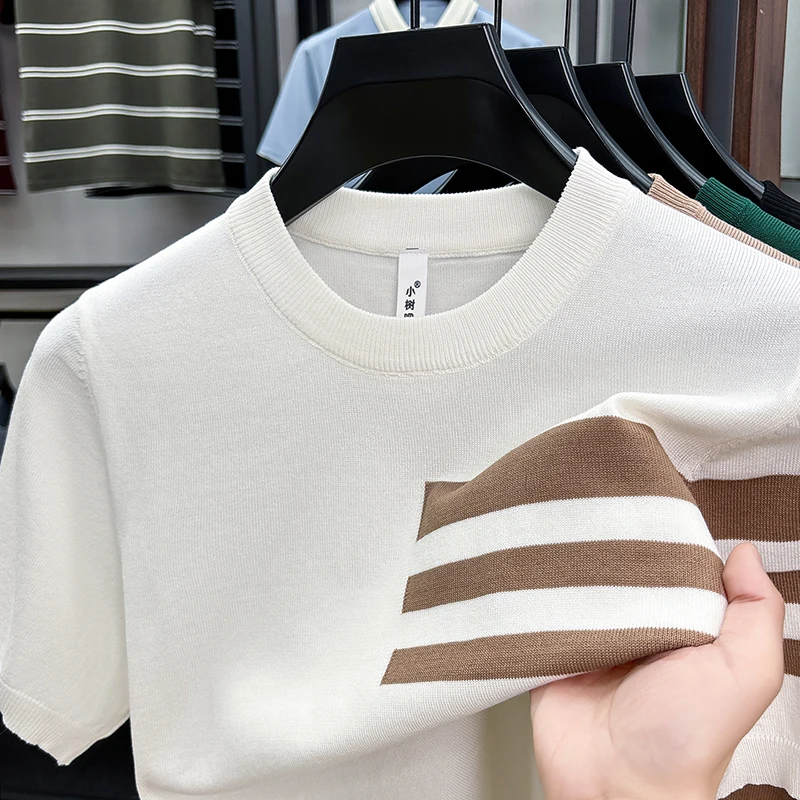 

2026 New Korean Style Trendy Versatile Crew Neck Knitted Short Sleeve Color-Block Breathable T-Shirt for Men, Trendy Inner Wear