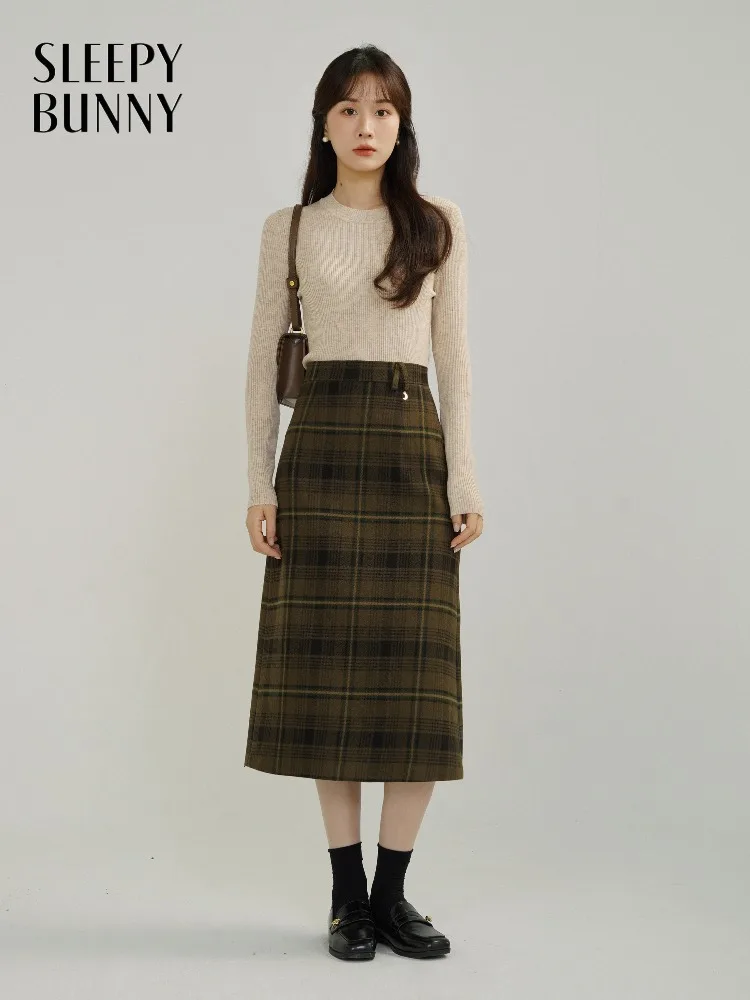 Vintage Plaid High Waist Skirt Winter Warm Mid-Length A-Line Skirt Elegant Retro Sweet Midi Skirt for Women Casual Office Outfit