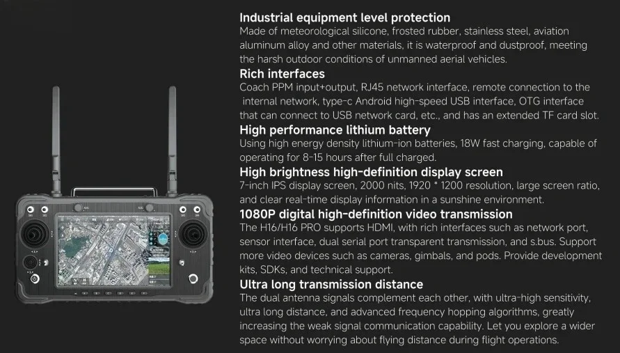 2025 Skydroid H16/H16pro جهاز تحكم عن بعد 7 بوصة IPS شاشة عالية السطوع عرض واضح معلومات العرض في الوقت الحقيقي في ضوء الشمس