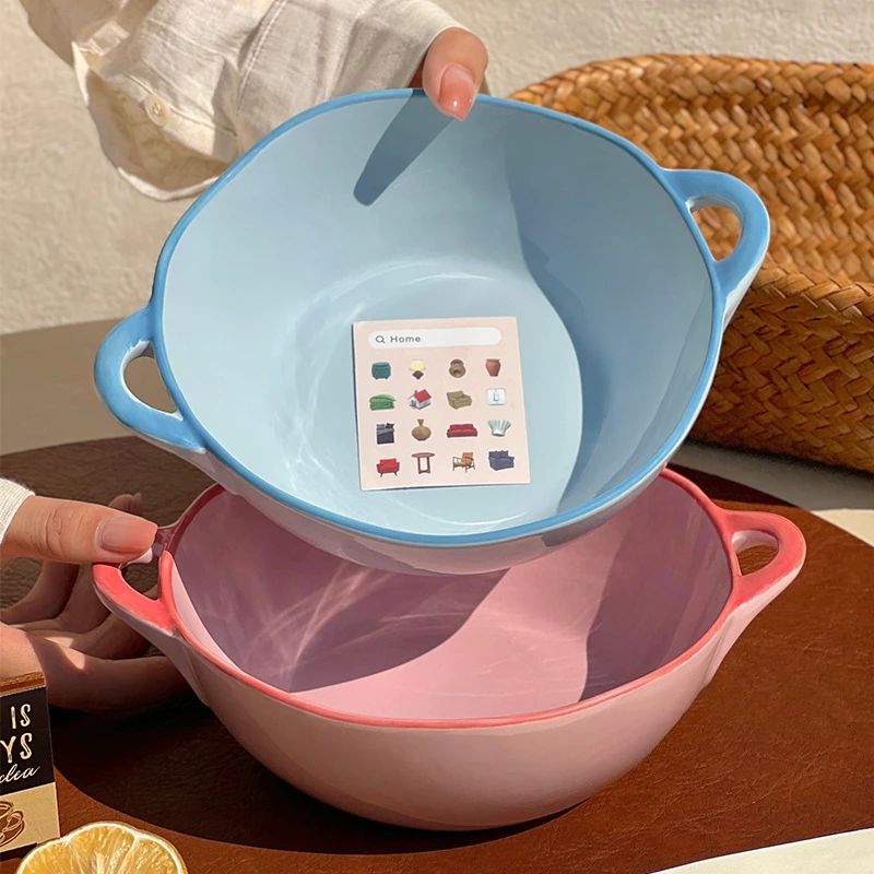 

Cute Pink Blue Double Ear Bowl Large Ceramic Household Tableware New High Aesthetic Rice Salad Fruit Plate Kitchen Supplies