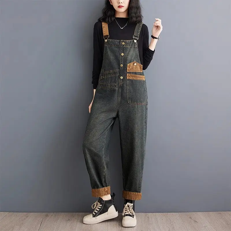 Color Blocked Denim Overalls For Women Spring And Autumn 2024 New Style Loose Straight Leg Slimming Jumpsuit Strap Pants k2546