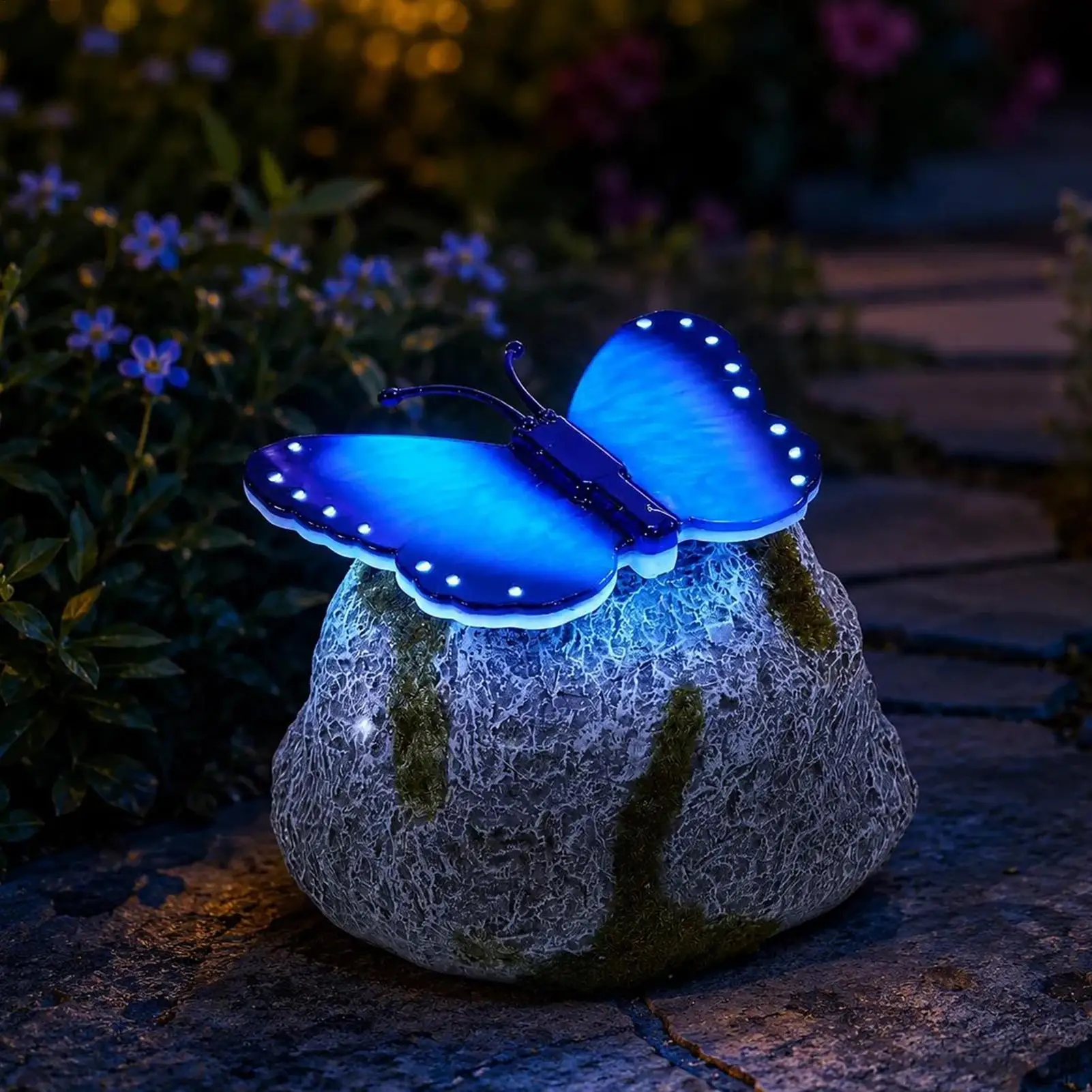 Glowing Butterfly Stone Garden Shining Wings Stone Sculpture / Solar-Powered LED Butterfly Light-Up Landscape Imitation Rocks