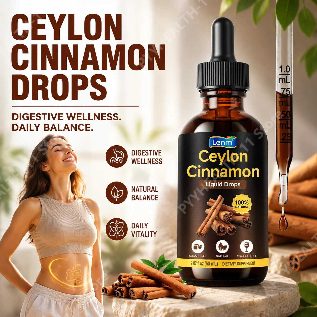 Lenm Ceylon Cinnamon Extract Drops 100% Natural,Antioxidant,Metabolism-Promoting,Digestion-Aiding,Easy to Absorb,Sugar-Free,60ml