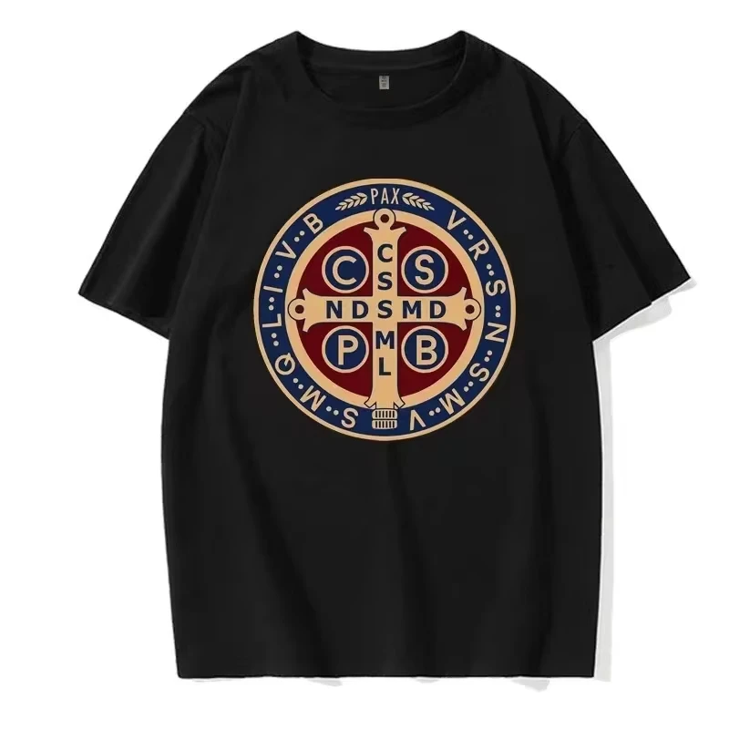 

The Saint Benedict Medal Catholic Pullover T-Shirt Camisas Men Women Casual Printed Cotton T Shirt Vintage Harajuku Oversized T