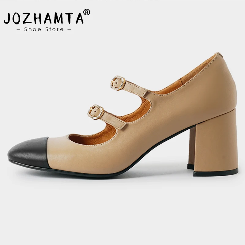 JOZHAMTA Size 34-39 Women Pumps Real Leather Buckle Strap Elegant Chunky High Heels Shoes 2025 Spring Lolita Office Work Dress