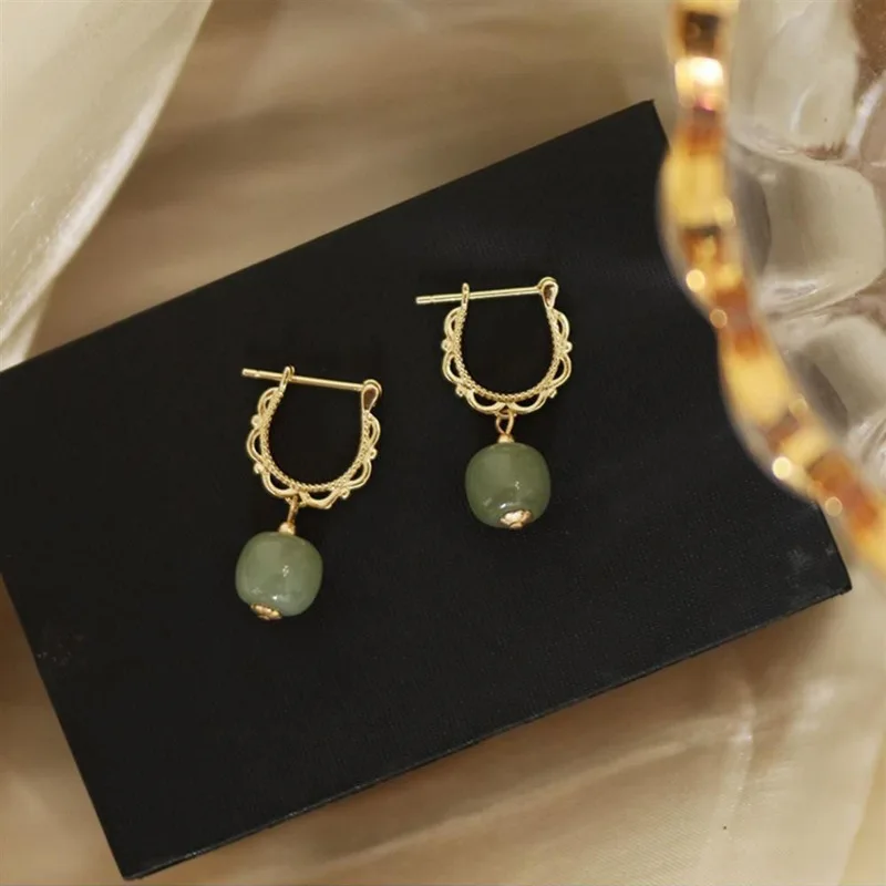925 Plated Stamp Gold Color Hotan Jade Earrings for Women Girl Lace Fairy Gentle Palace Style Jewelry