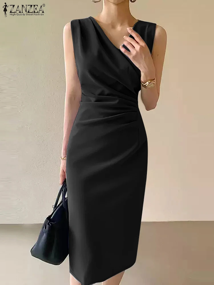 ZANZEA Elegant V Neck Sheath Dress Summer Women Sleeveless Slim Fit Party Vestido 2025 Fashion Work OL Pencil Dresses Back Split