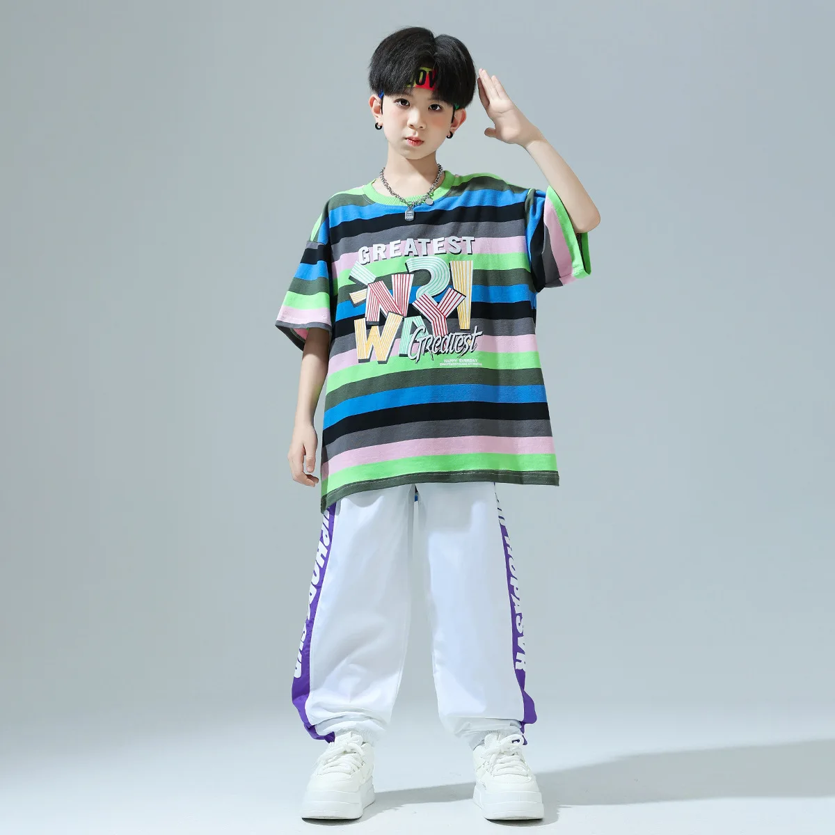 

Kid Cool Hip Hop Clothing Green Blue Striped T Shirt Top White Casual Jogger Pants for Girl Boy Jazz Dance Wear Costumes Clothes