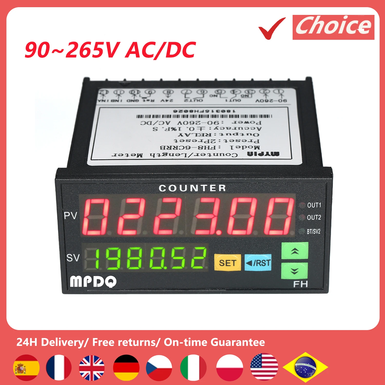 Multi-functional Dual Light-emitting Diode Display Digital Counter 90~265V AC/DC Length Meter with 2 Relay Output and Pulse PNP