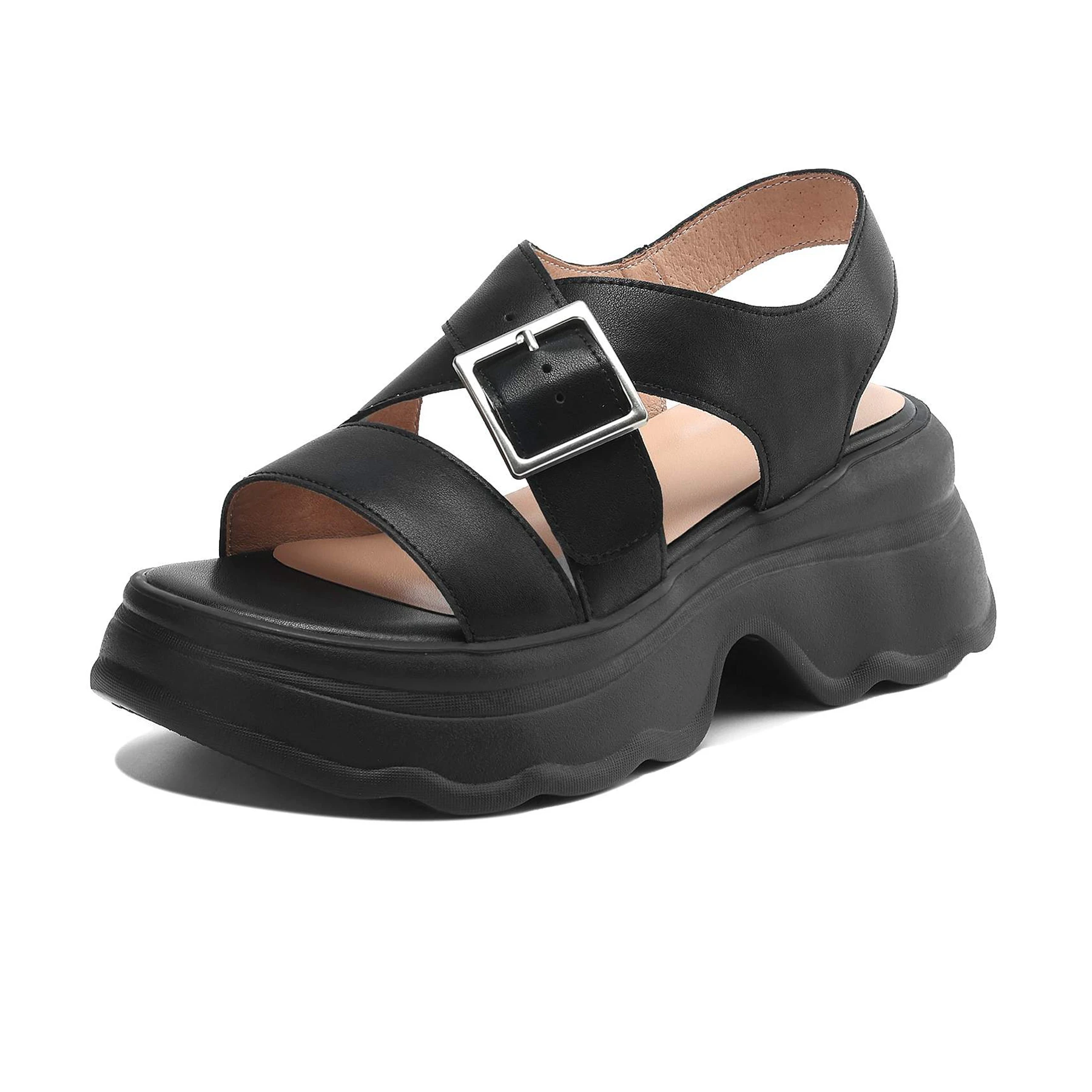 Krazing Pot Cow Skin Peep Toe High Heels Elegant Thick Bottom Summer Shoes Slingback Casual Dating Platform Modern Women Sandals