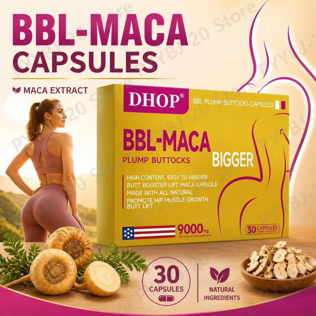 DHOP BBL-MACA Plump Buttocks Capsules Easy To Absorb with Maca Extract, Pueraria Mirifica and Vitamin E, 9000mg, 30 Capsules