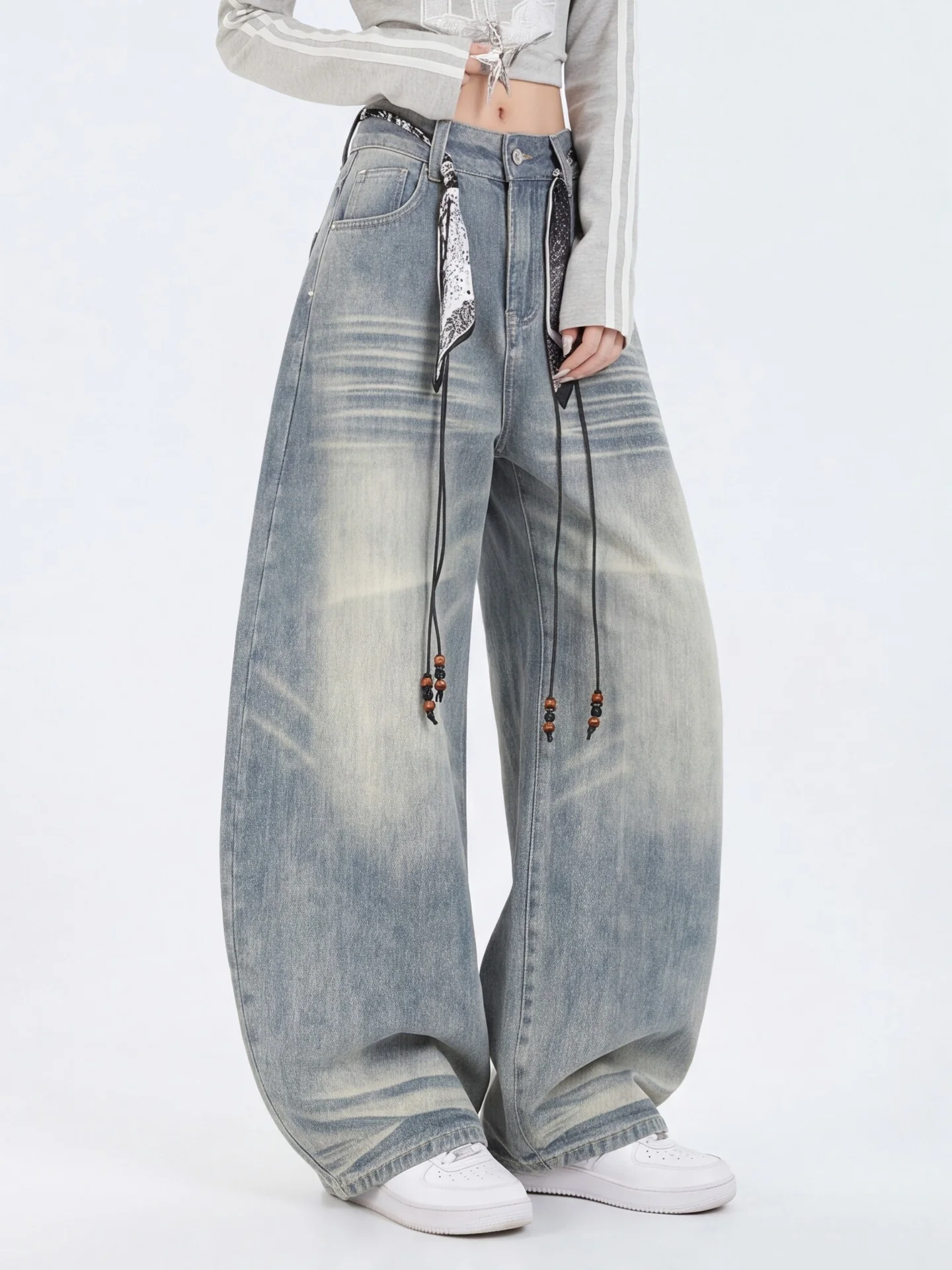 Vintage High Street Wide Leg Denim Jeans Women's Faded Gradient Waist Nut Flower Accessories Loose Drapey Floor-Length Pants