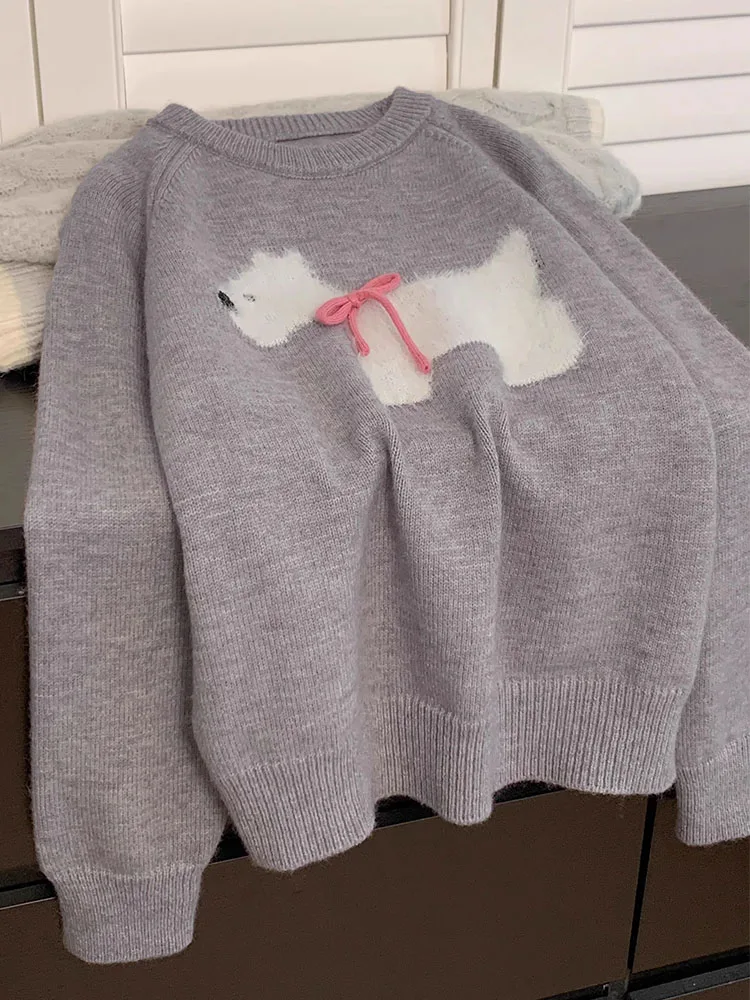 Animal de desenho simples suéter de malha manga comprida jumper com o pescoço elegante pulôveres de arco, moda vintage, streetwear Y2K, outono inverno