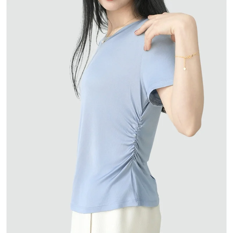 تي شيرت Birdtree 20% حرير 80% فسكوزي أساسيات صلبة ، تي شيرت نسائي بأكمام قصيرة ورقبة دائرية وخصر ملابس علوية ناعمة T59208JF