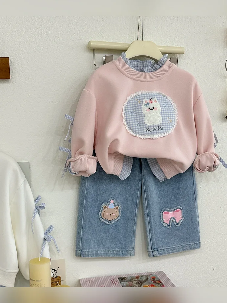 

Girls' Pullover Sweater2025Autumn Fashionable Cute Sweatshirt Plaid Collar Fake Two-Piece Long Sleeve Cartoon Patch Jeans
