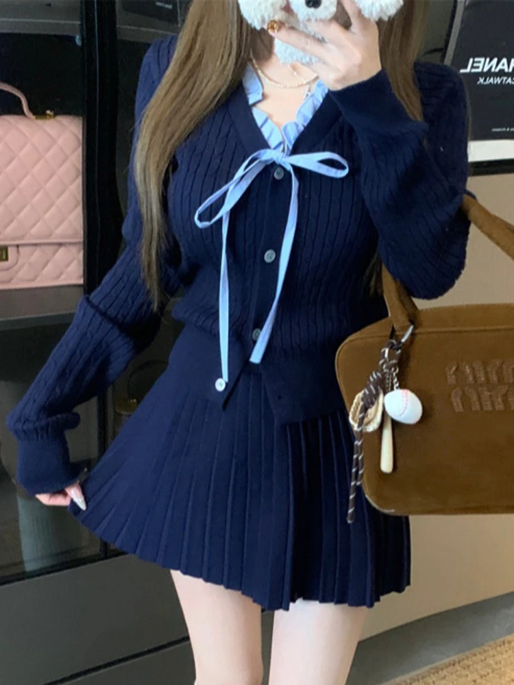 

Корейский стиль: Вязаный комплект-двойка для женщин, весна 2026, новинка – открытый кардиган, верхняя одежда, плиссированная юбка средней длины