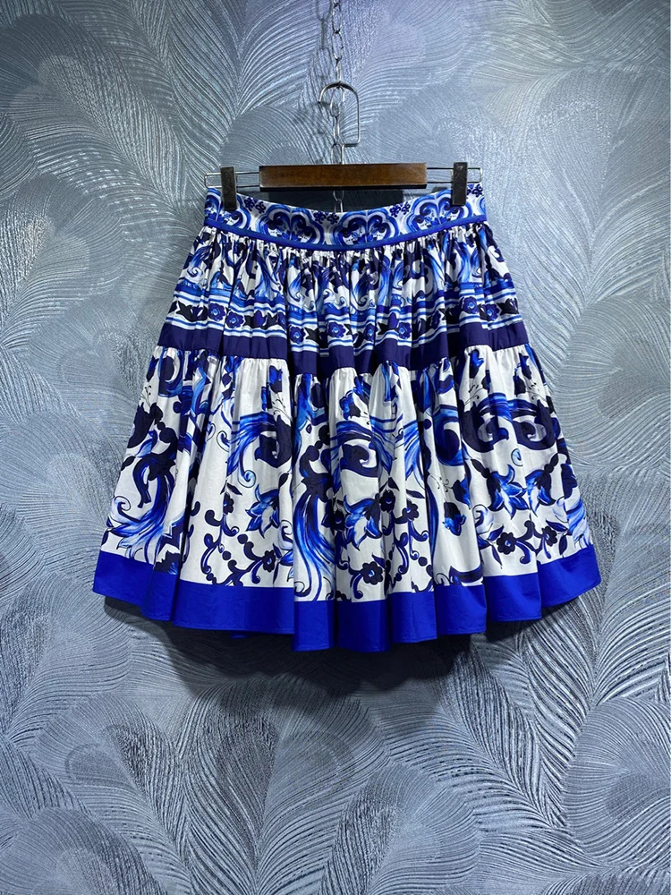 JUNLINNA High Street Women Skirt 100% Cotton Fashion Blue and White Porcelain Printing Party Vacation Empire Half Dress