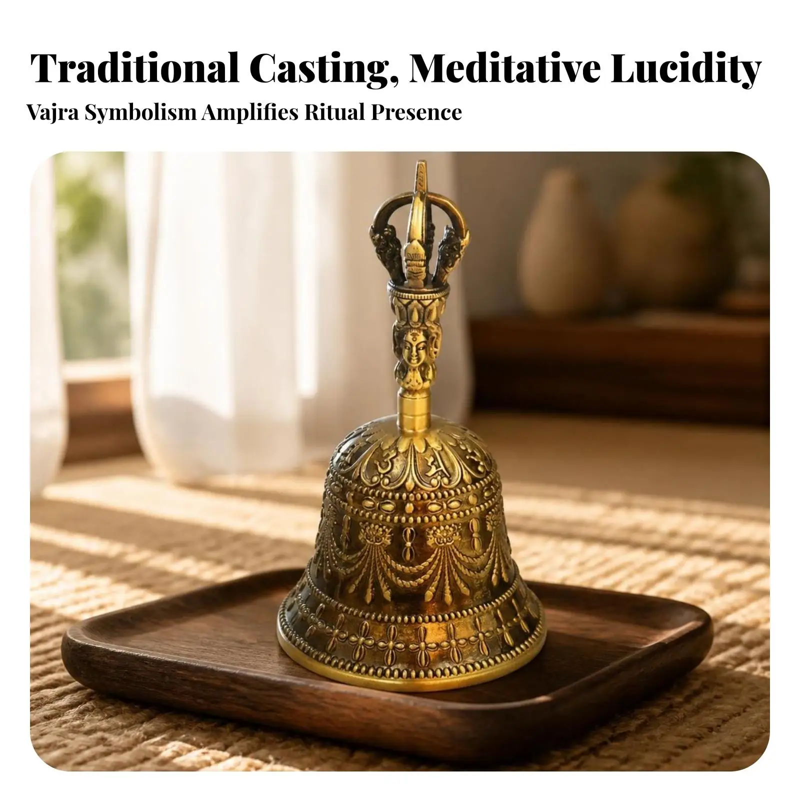 Gold-Toned Vajra Bell | Raised Ornamental Relief, carved Central Figure, Tibetan Ritual Bell, for Temple