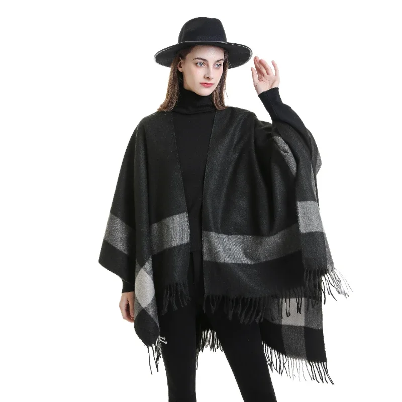 Luxury Brand Design Imitation Cashmere Poncho Women Autumn Winter Thermal Thick Chic Shawl Retro Tassel Scarf Female Soft Cape