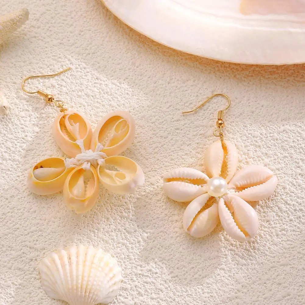 Natural Shell Earrings Handmade Seashell Flower Jewelry Set Faux Pearl Beach Necklace Earrings Coastal Summer Vacation for Women