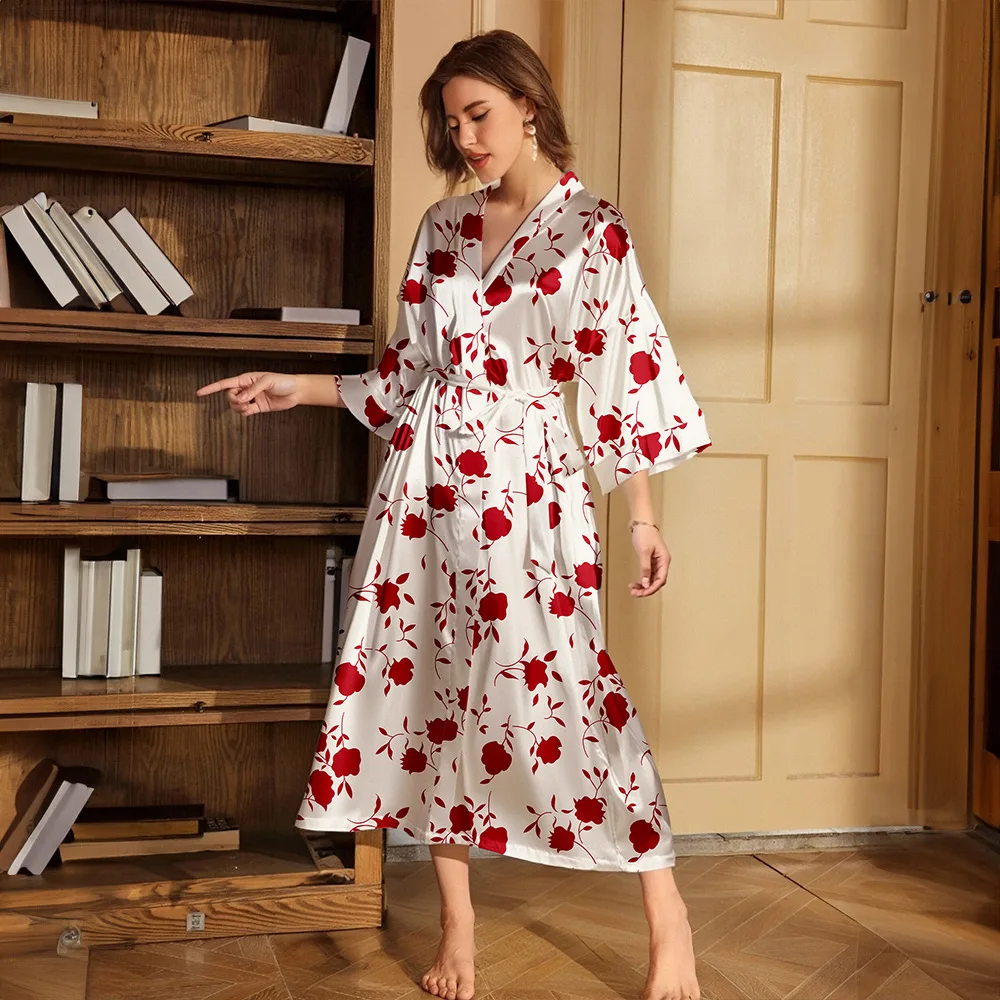 New Style Pajamas for Women Spring and Summer Leisure and Comfortable Thin Ice Silk Printed Robe Home Clothes