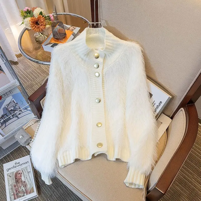 Women\'s Imitation Mink Soft Cardigan, Korean Fashion, Long Sleeve, V-neck, Short Tops, Loose Casual Knitted Sweater, Autumn