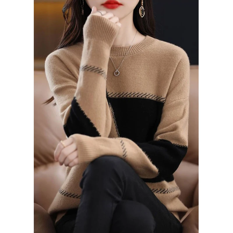 Autumn Winter New 2022 Korean Elegant Fashion Contrast Color Loose Warm Knitted Sweater Women Casual Pullover Top Female Clothes