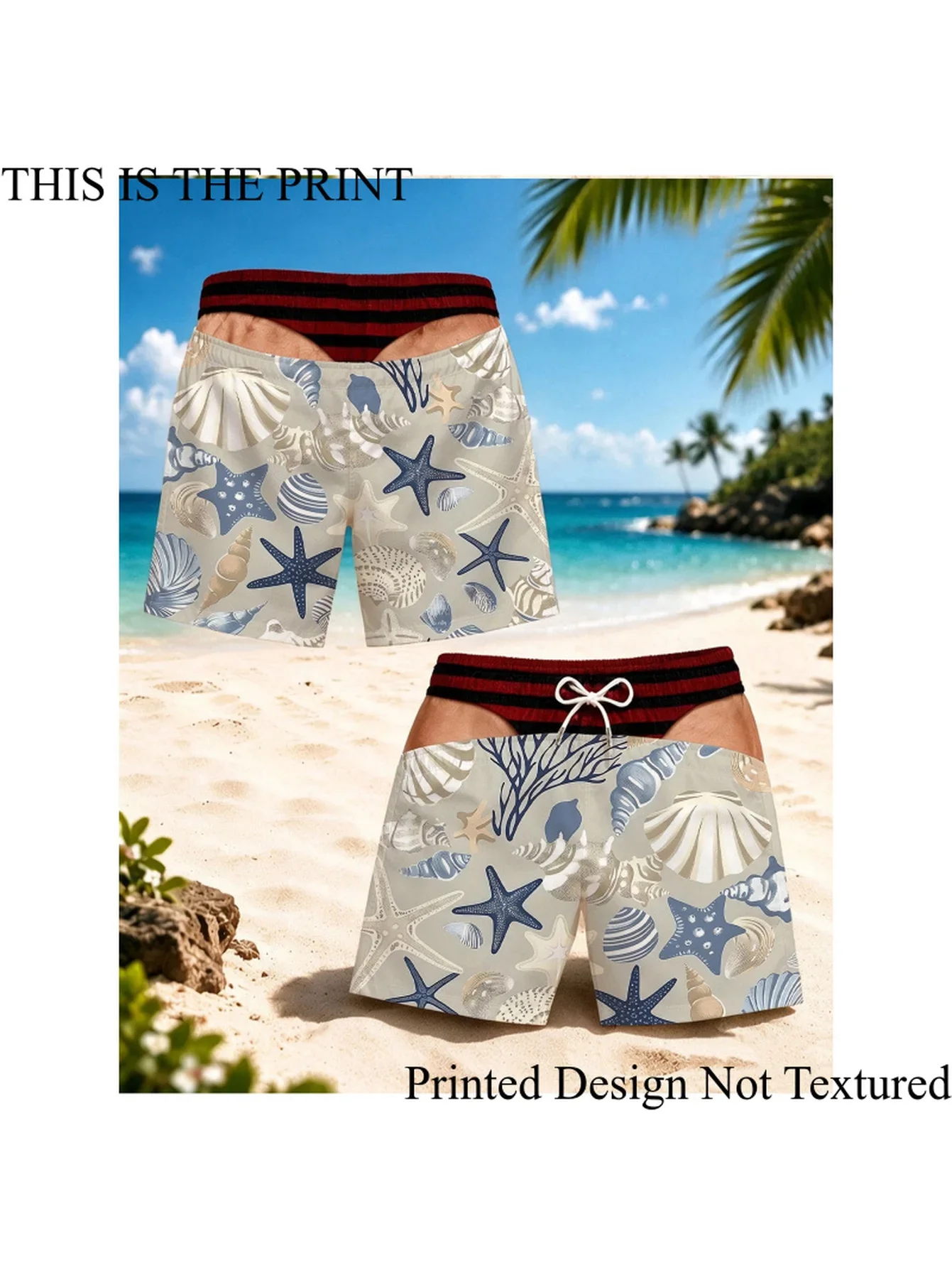 Novelty Red Black Striped Waist Retro Ocean Shell Starfish Fake Butt Cutout Print Mens Vacation Pool Swim Trunks