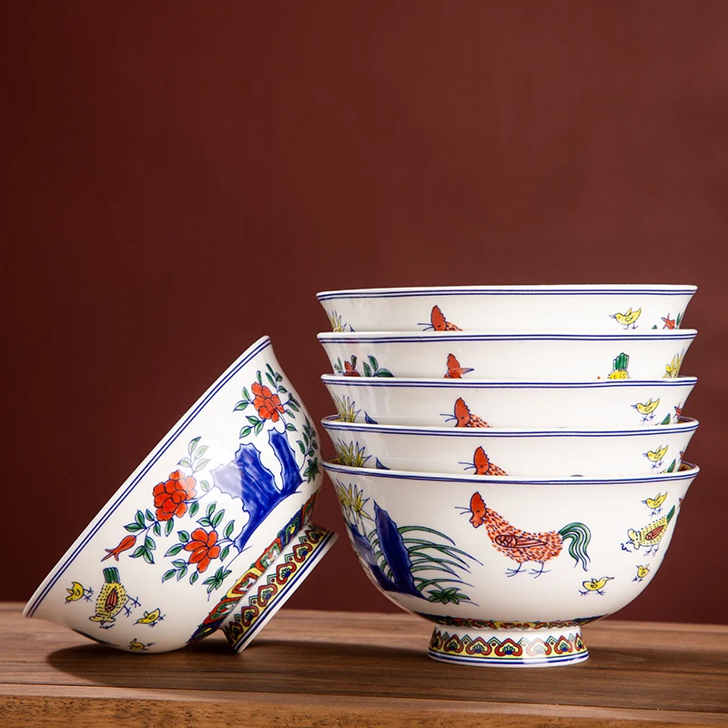 Doucai Chicken Bowl Rice Bowl Soup Bowl Noodles Bowl Jingdezhen Ceramic Tableware Household High Foot Anti Scalding Bone China