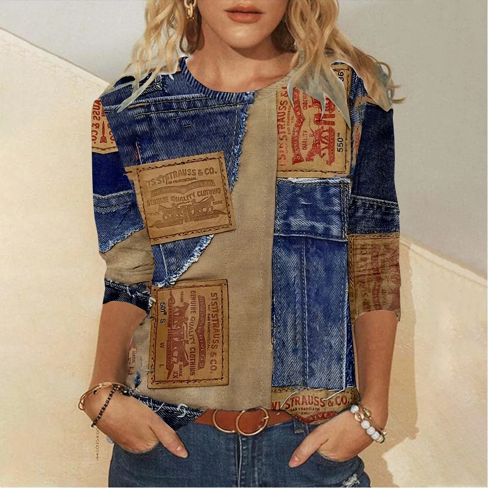 Retro lässig Farb block Patchwork Muster Damen Sweatshirts Langarm O-Ausschnitt Hemd Harajuku Street Trend Damen bekleidung