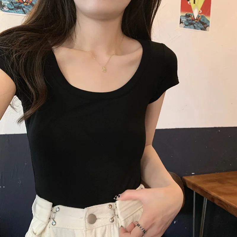 Korean Fashion U-Neck Crop Tops Women Sexy Slim Korean Fashion T-shirts Y2K Vintage Casual Tees Cheap Clothes Woman Tshirts