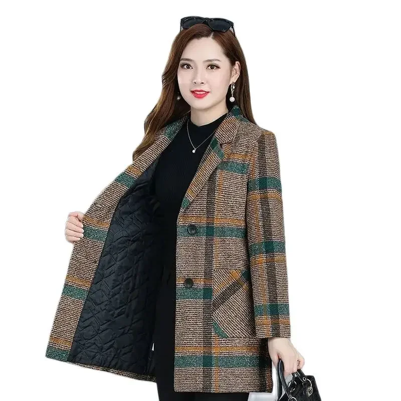 

Autumn And Winter Coat Fleece Woolen Coat Women's Mid-Elderly Mothers Wear Cotton Trench Coat Female Plaid Outwear Female C257